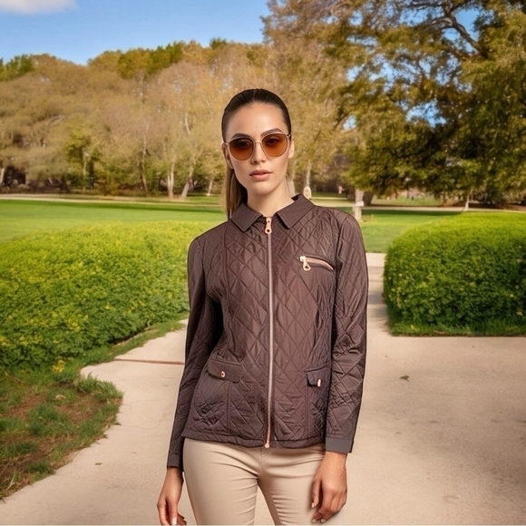 PER UNA Women’s Jacket Brown Quilted Jacket Rose Gold Zip Front Puffer - Picture 1 of 8